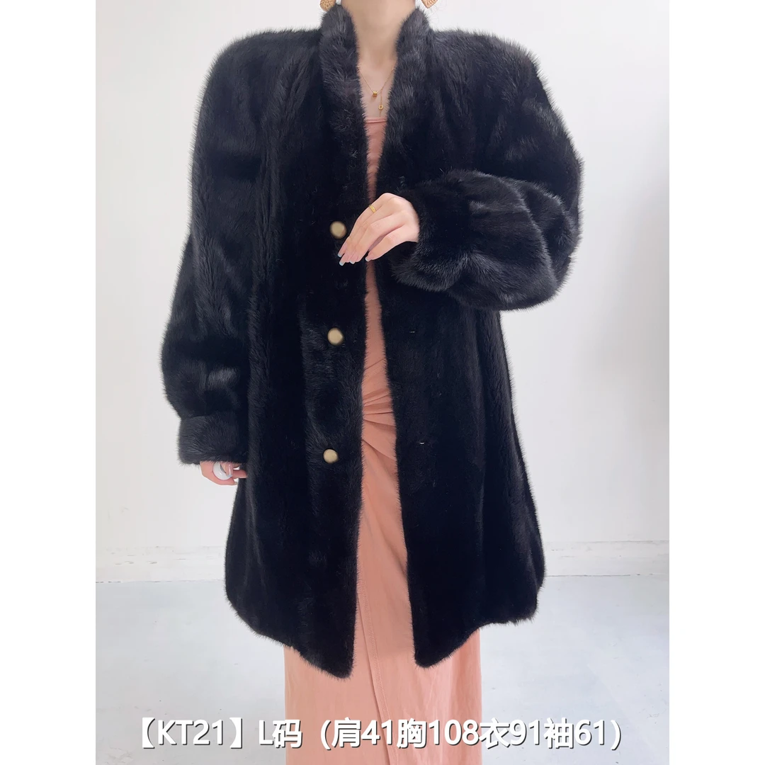 【KT21】L 红黑色长款逆毛貂皮水貂大衣女 V领泡泡袖 42021