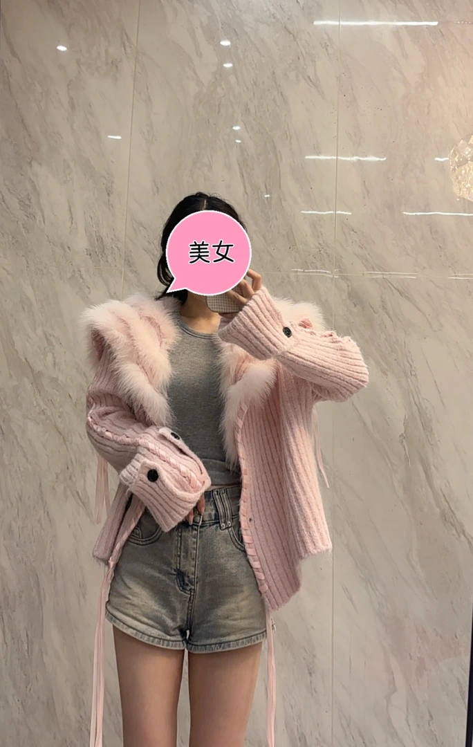 2025秋冬新款狐狸毛皮草开衫毛衣外套女海军领