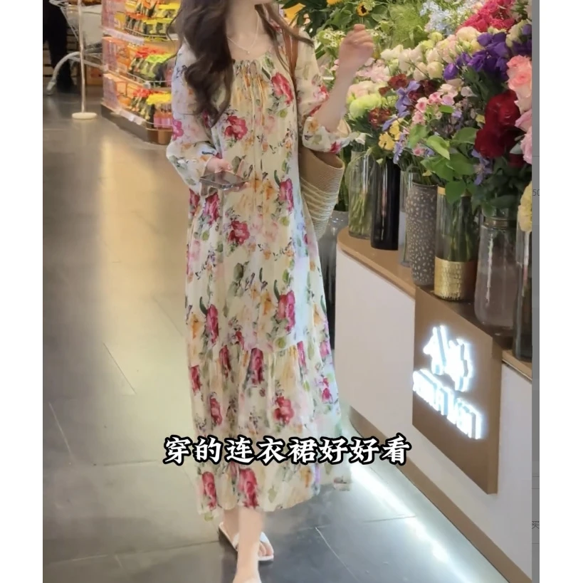 宽松腰夏季连衣裙碎花收腰茶歇裙显瘦复古时尚印花气质长裙碎花