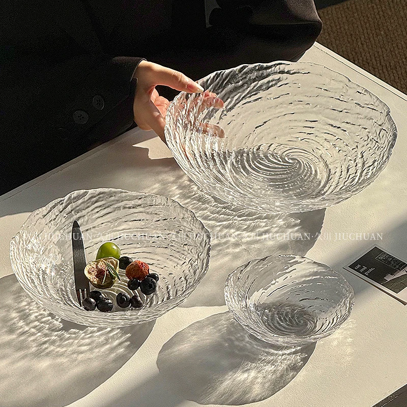 高级感不规则透明玻璃碗水果盘客厅家用精致糖水甜品碗蔬菜沙拉碗