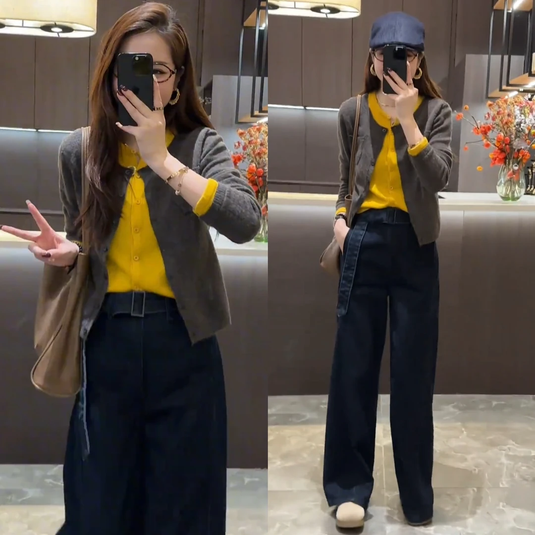 2025秋冬慵懒拼接假两件针织毛衣开衫+韩版时髦普洗直筒阔腿牛仔