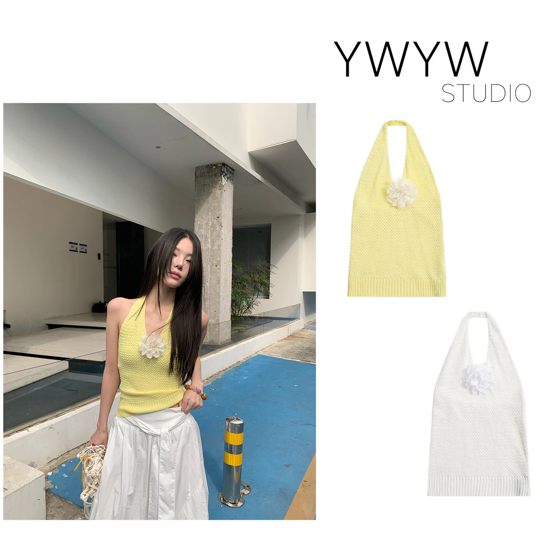 【YWYW25S/S】夏季时尚镂空露背挂脖胸花一体吊带针织衫5162
