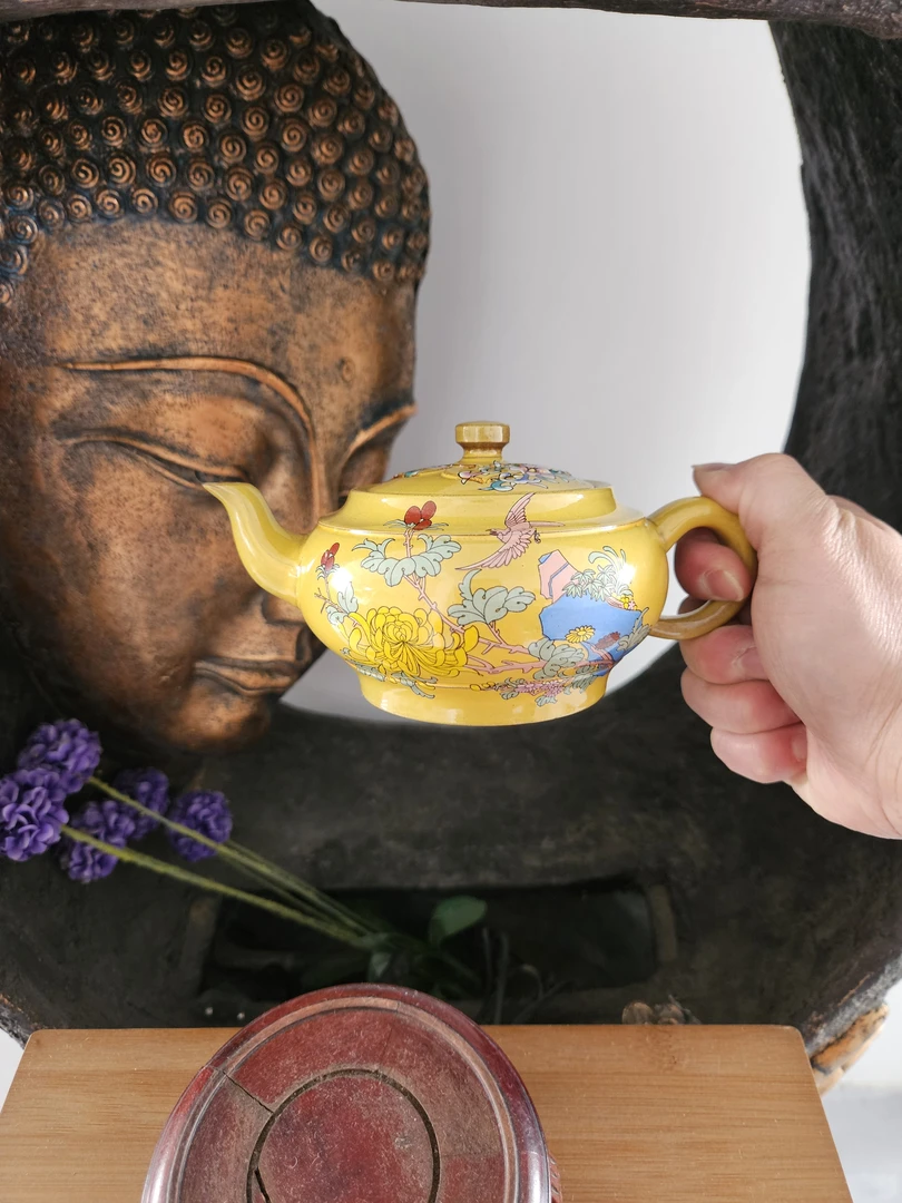 珐琅彩紫砂壶笑樱壶350ml黄釉花鸟紫泥全手
