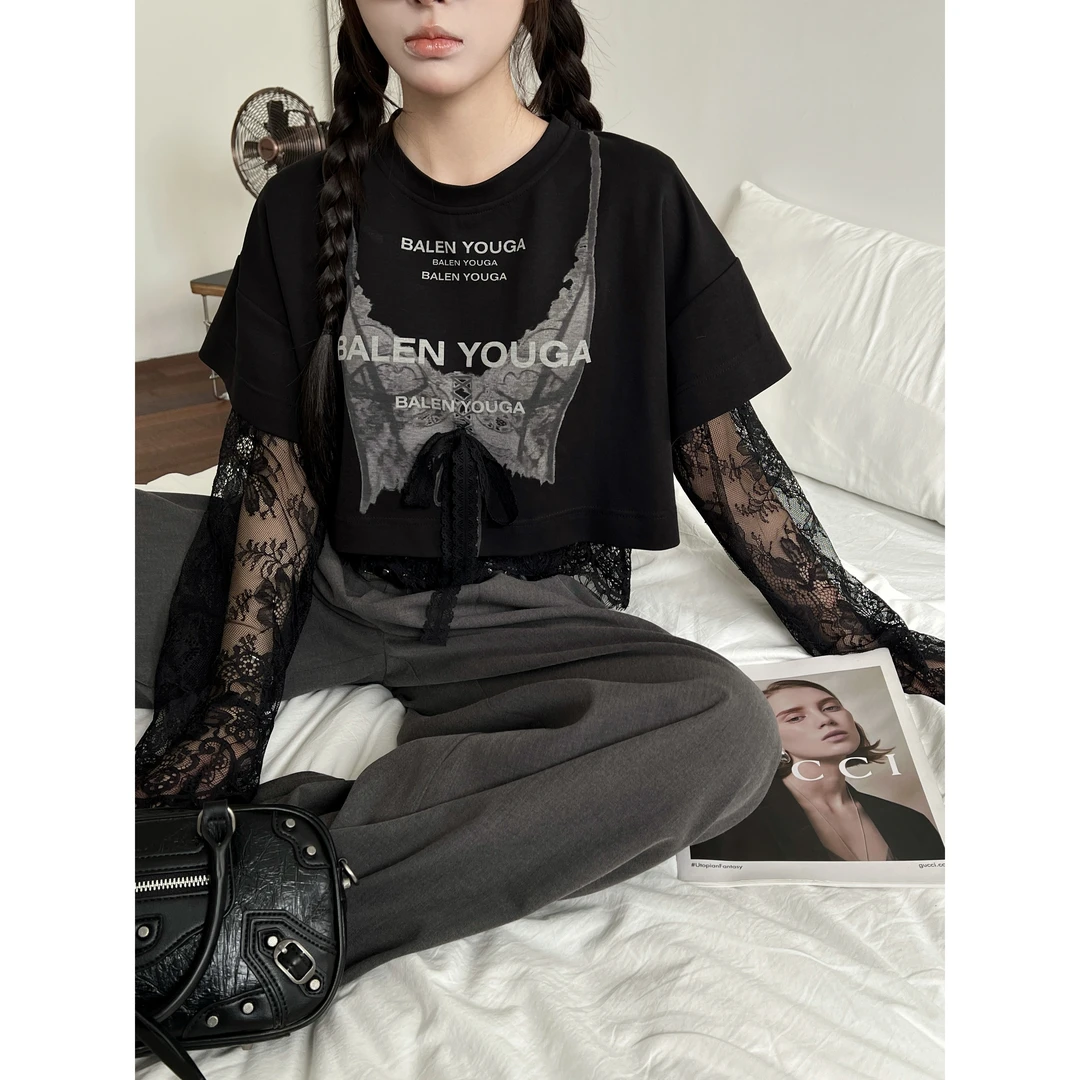 雨哥新款针织套蕾丝印花短T