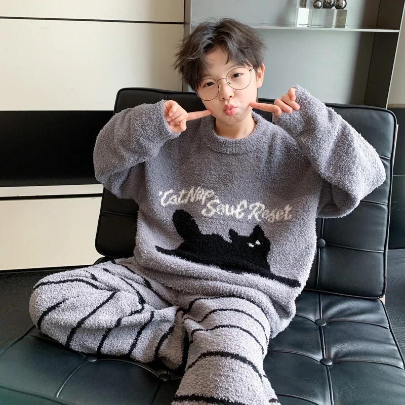 儿童装男童睡衣秋冬款加绒法兰绒冬季家居服中大童男孩珊瑚绒加厚