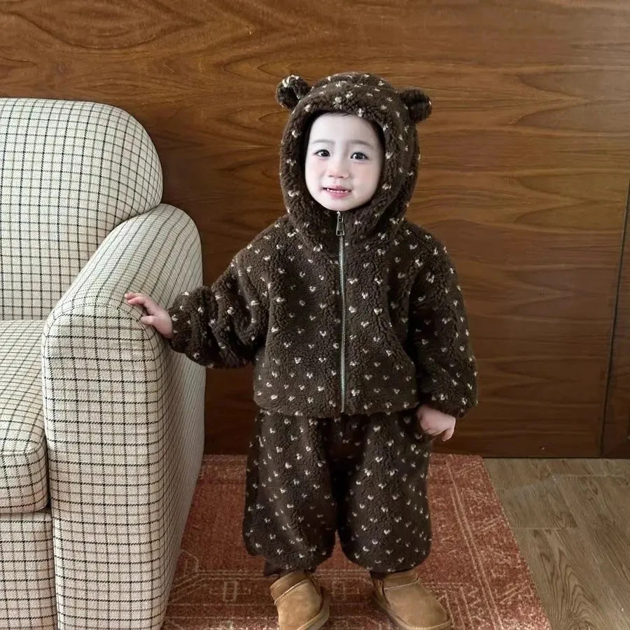 男女童加绒加厚套装冬款2025新款韩版洋气网红宝宝保暖带帽两件套
