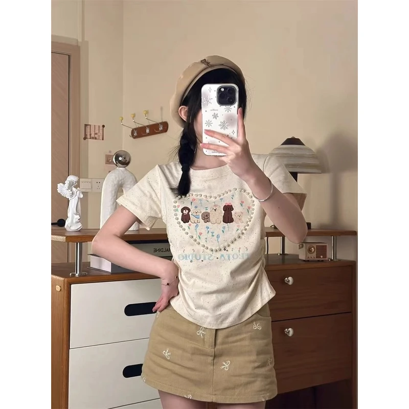 小众设计爱心钉珠短袖可爱卡通印花字母t恤修身褶皱