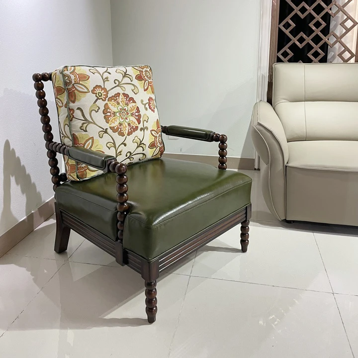 真皮实木休闲椅靠背椅单人沙发珍珠椅珠珠椅复古珍珠单人椅客厅