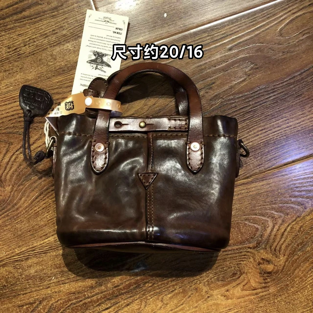 制道手工女士单肩斜挎包复古时尚休闲个性复古马皮重磅旧化小桶包