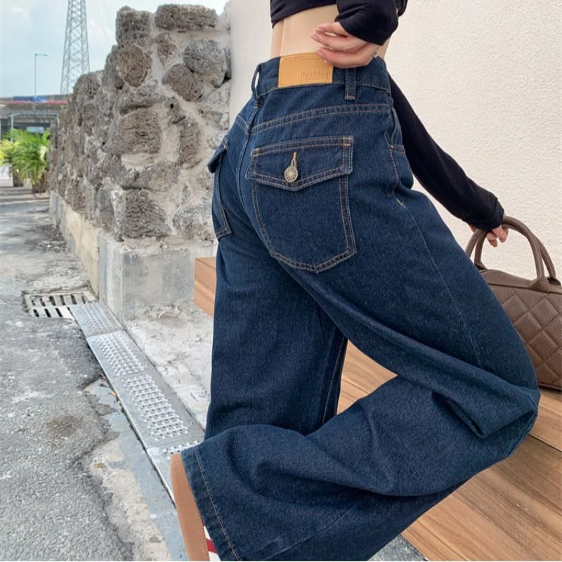 【2025春秋新款】阔腿复古深蓝色宽松高腰牛仔裤秋季美式垂感拖地