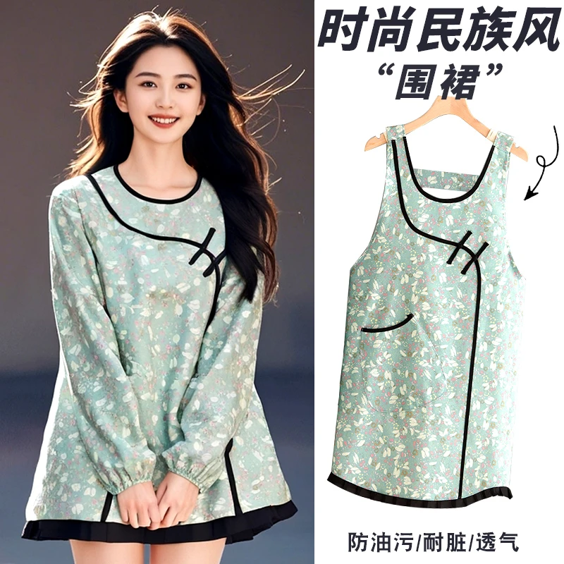 复古帆布长袖民族风围裙厨房家用做饭围腰耐磨透气工作服洋气罩衣