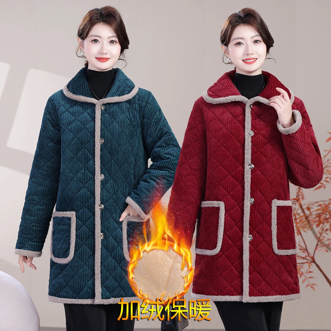 妈妈装冬季加绒保暖棉袄外套中长款女翻领条绒家居服罩衣棉服省服