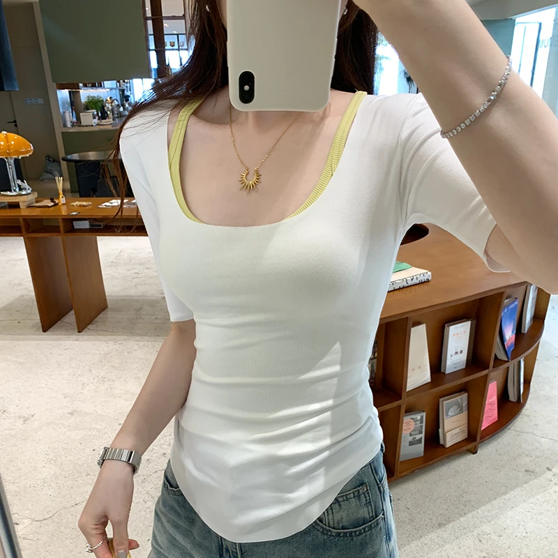 韩系辣妹u领白色修身五分袖T恤女夏季设计感新款百搭简约小众上衣