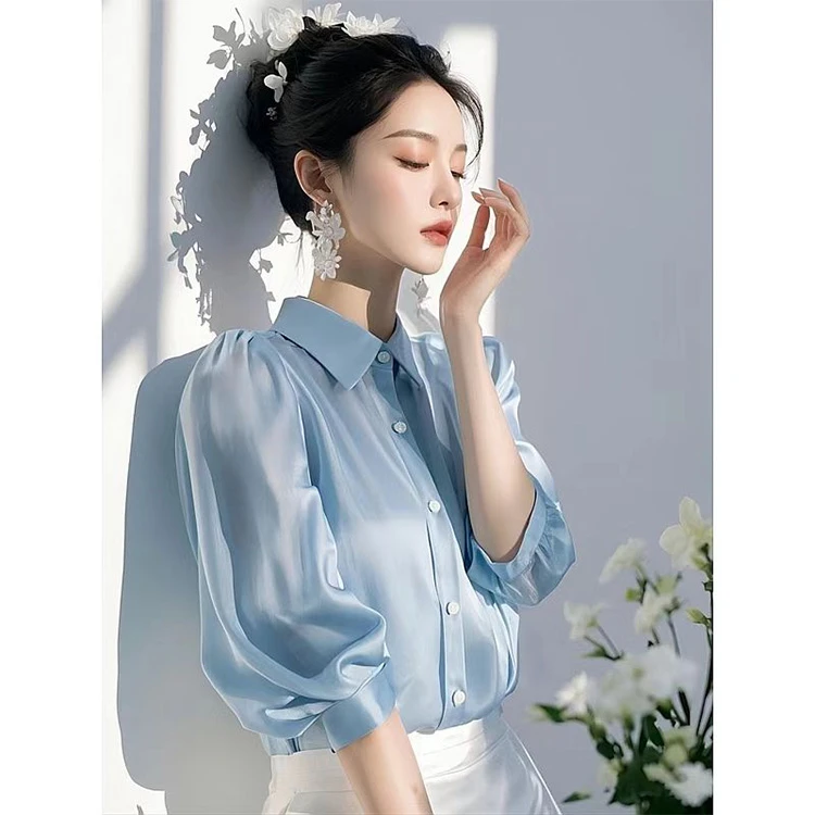 2025年开春新款上衣超好看法式高级感独特漂亮气质蓝色醋酸衬衫女