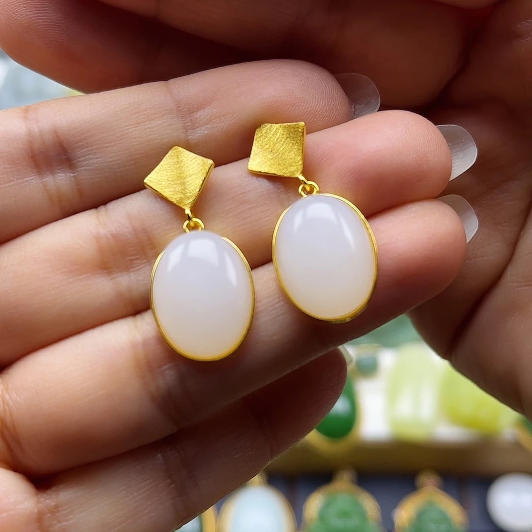 和田玉银S925镶嵌耳饰