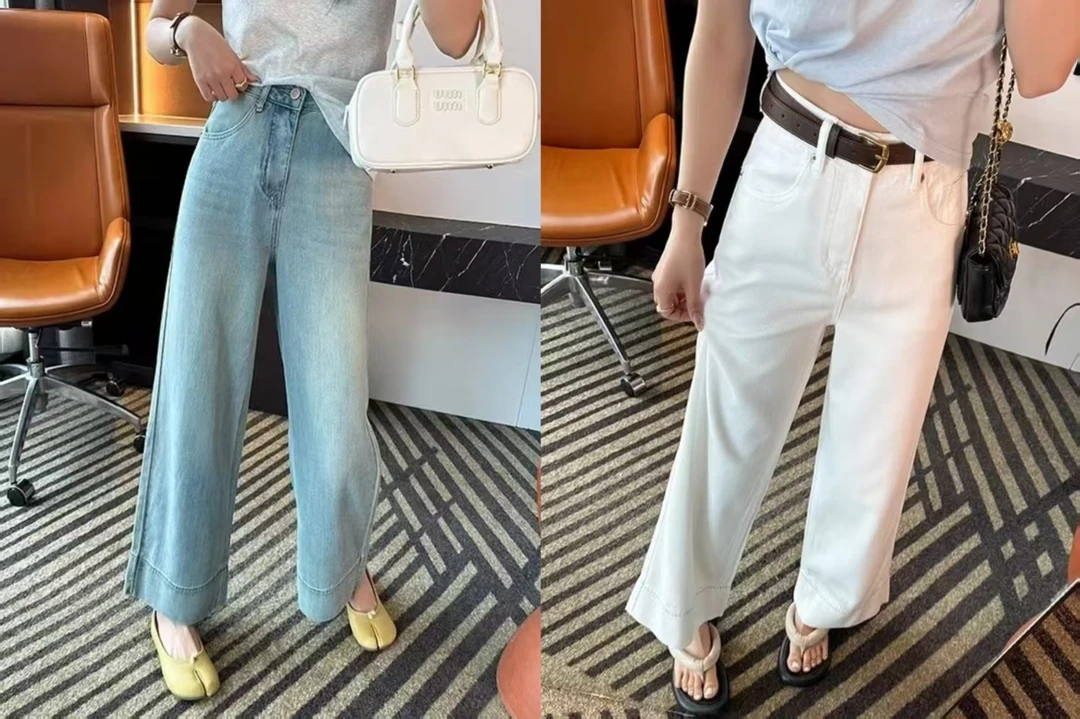 8505夏季新款小个子八分九分裤浅蓝色阔腿牛仔裤白色直筒裤宽松女