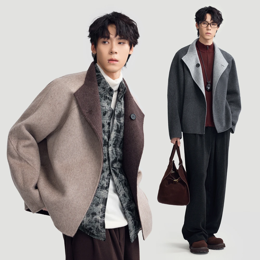 HERBEL/黑白3.0羊绒蚕丝绵羊毛大衣轻奢毛呢大衣男士【双面可穿】