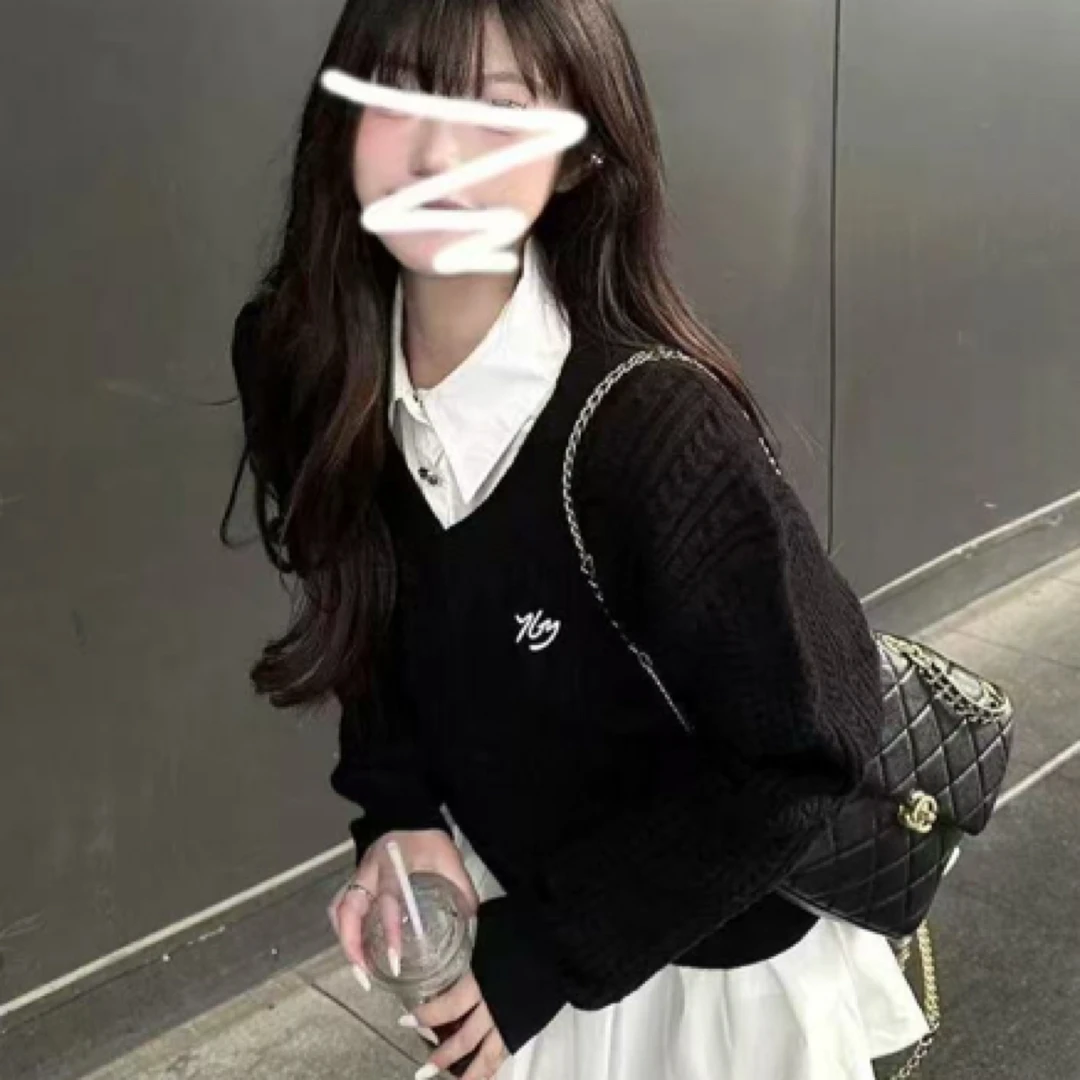 韩系高级感学院风长袖衬衫连衣裙早秋女生穿搭套装-3818