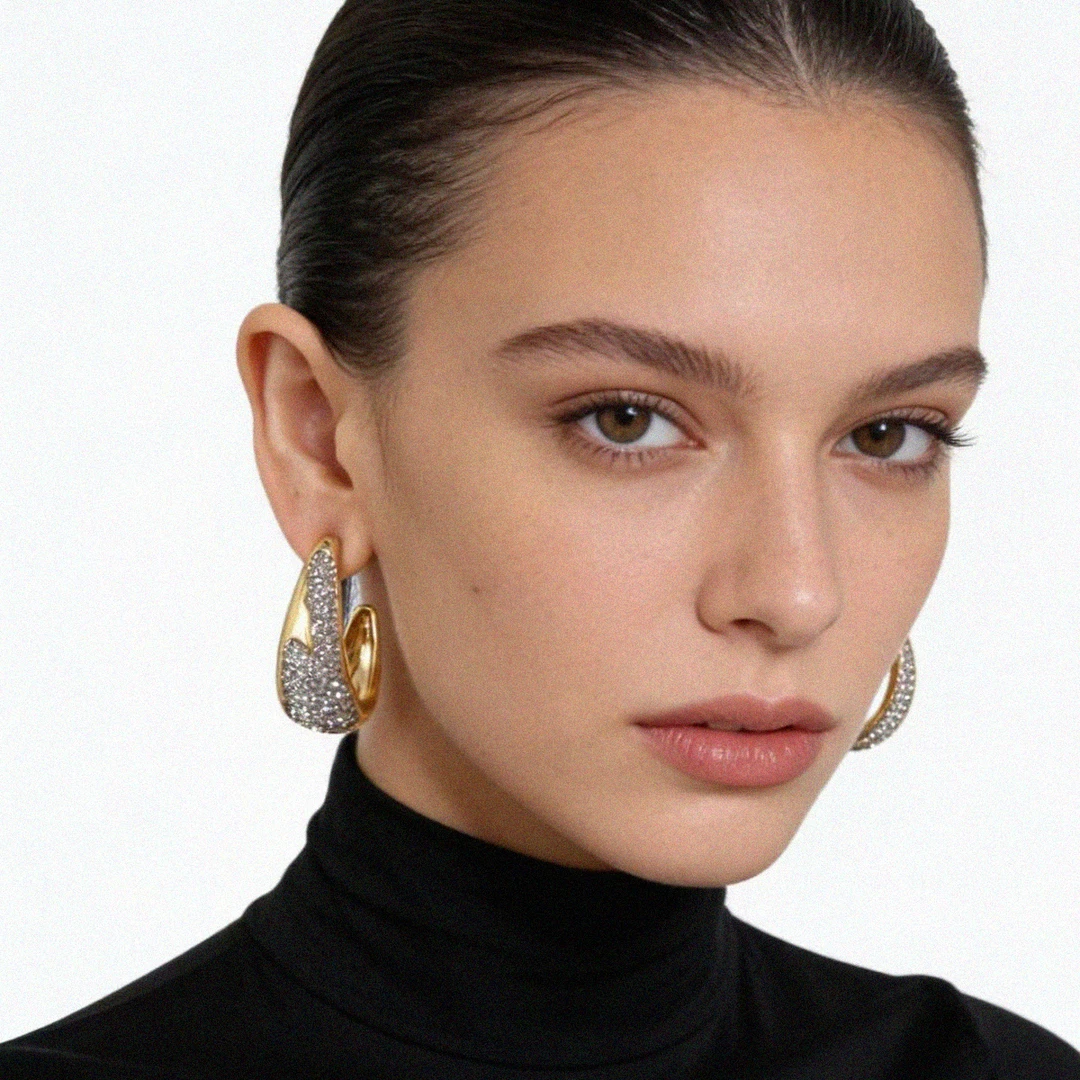 铜合金锆石耳饰 欧美小众时尚锆石C圈耳环女小众设计百搭金色耳环