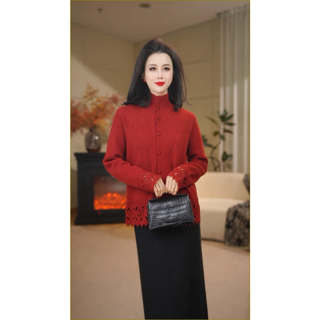 【红运】100绵羊毛钩花设计立领针织开衫8068