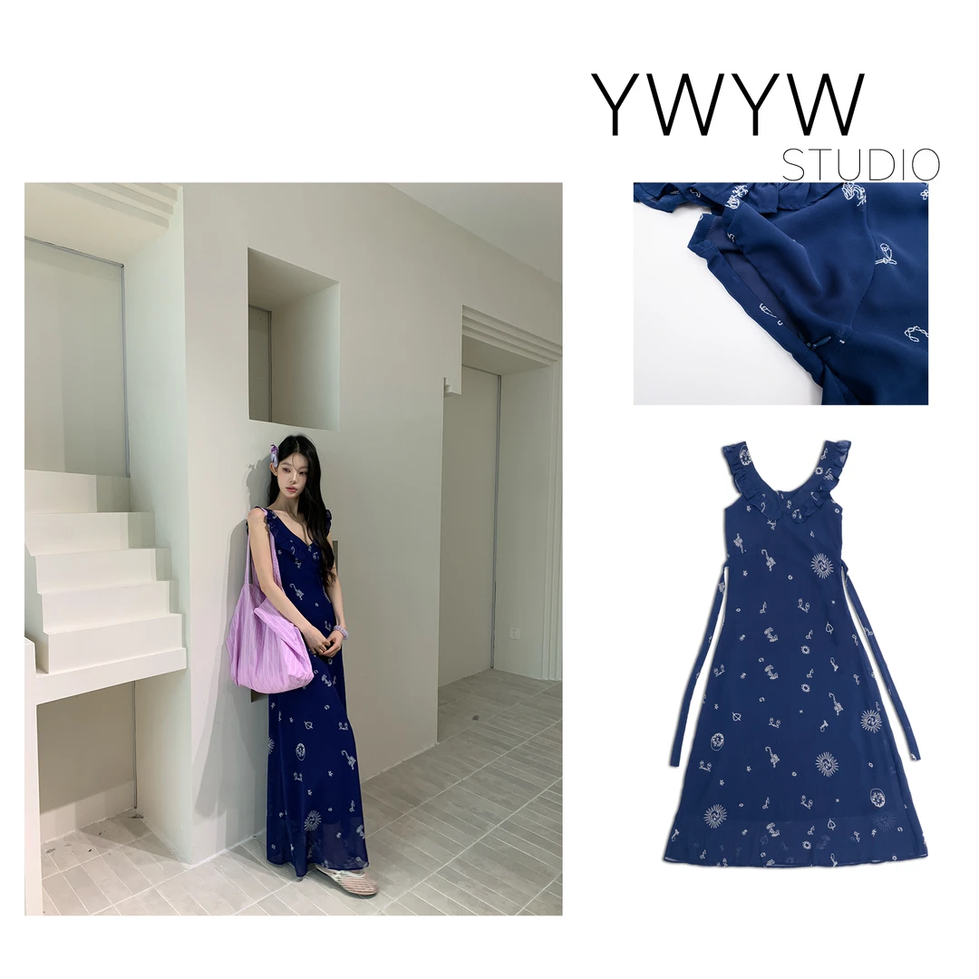 【YWYW25S/S】春夏气质显瘦雪纺数码印花碎花小V领吊带连衣长裙5059