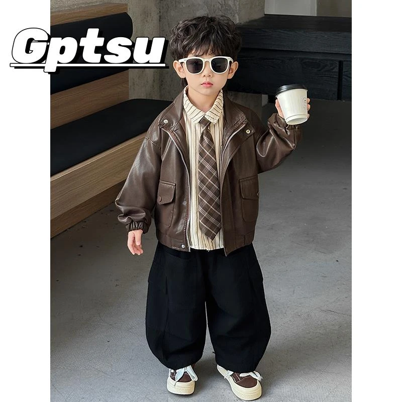 GPTSu男童春秋装套装儿童韩范痞帅皮衣外套三件套男孩宝宝衣服潮