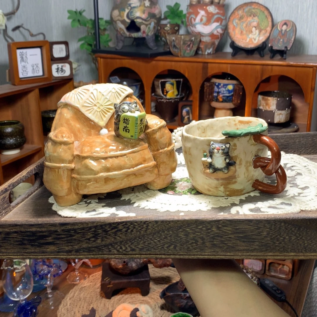 陶【微瑕】发财猫和奶茶猫