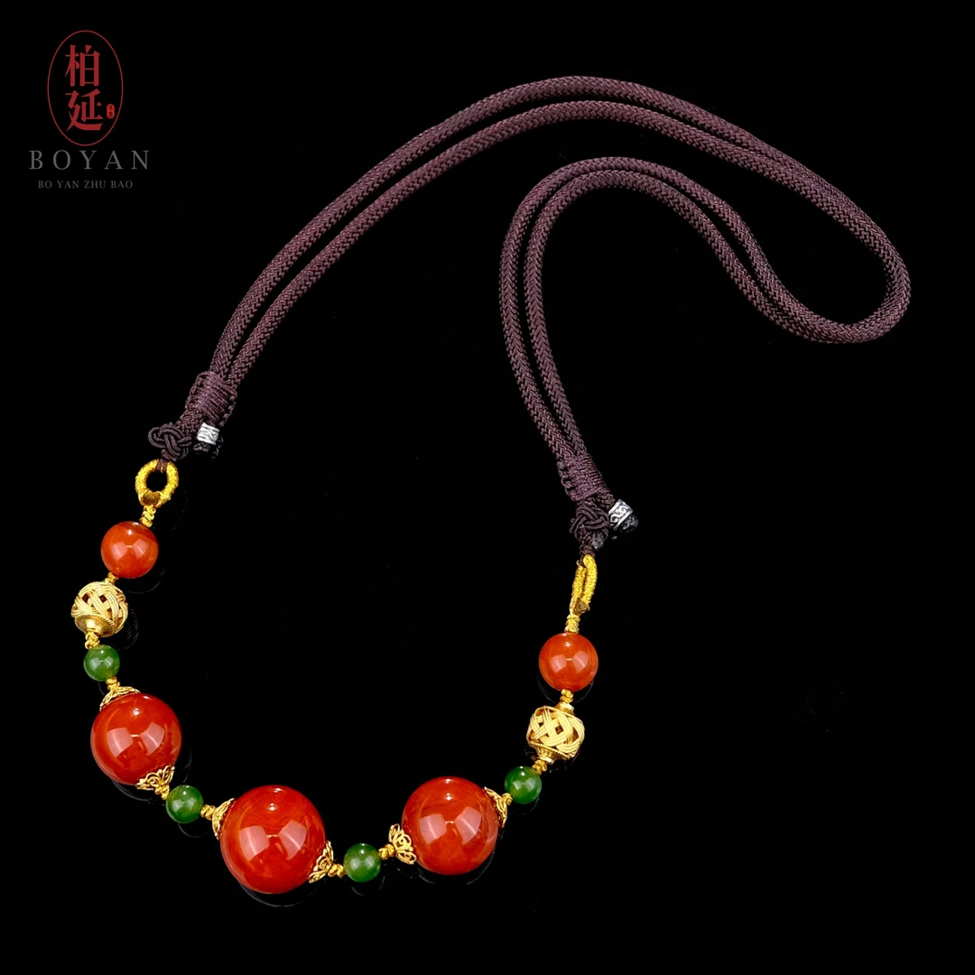 【柏延】天然南红玛瑙项链满色满肉手工编织可调节新中式女款HT0619