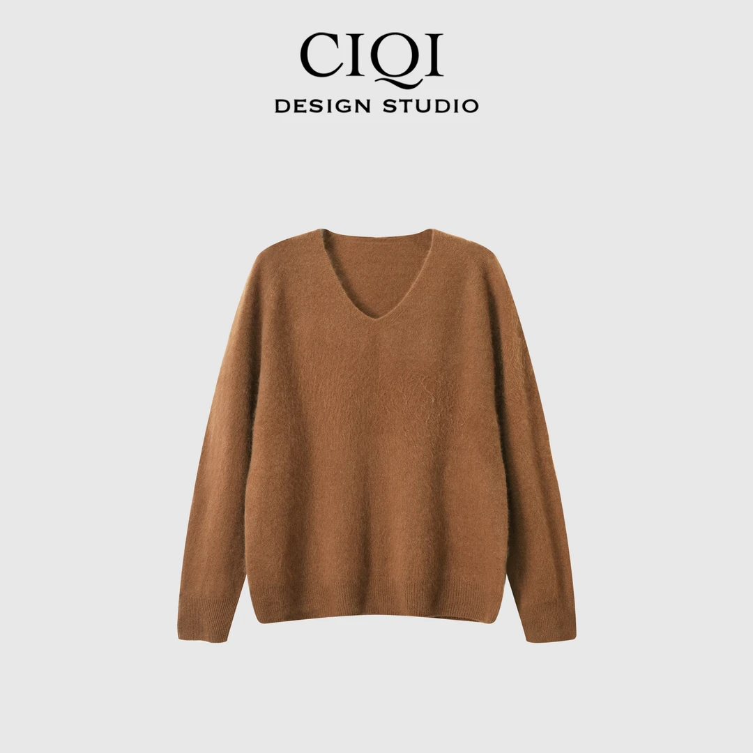 CIQI STUDIO人手三件!进口羊绒羊毛拉绒慵懒纯色V领气质上衣25661