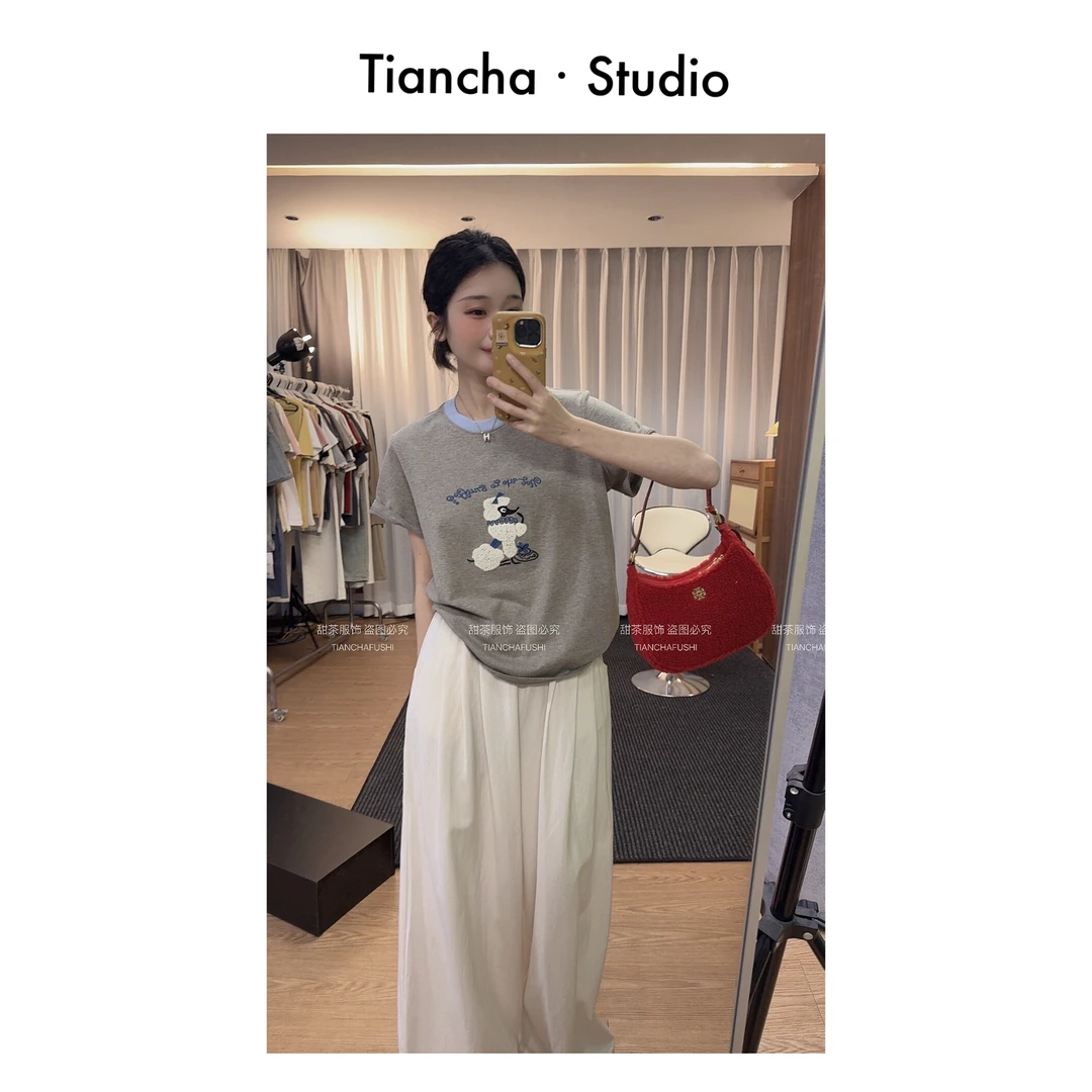 sweetc【卷毛狗】M337#夏季韩版正肩短袖T恤女撞色百棉气质百搭刺绣