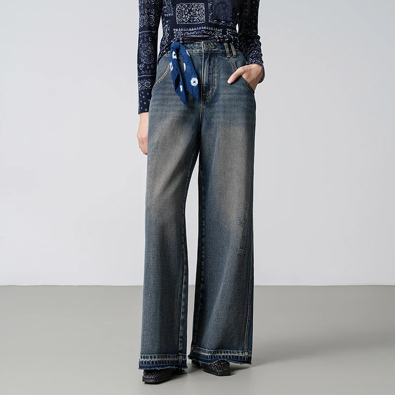 生活在左草木丹宁纯棉牛仔裤配植物染方巾秋季新款阔腿裤G1653004