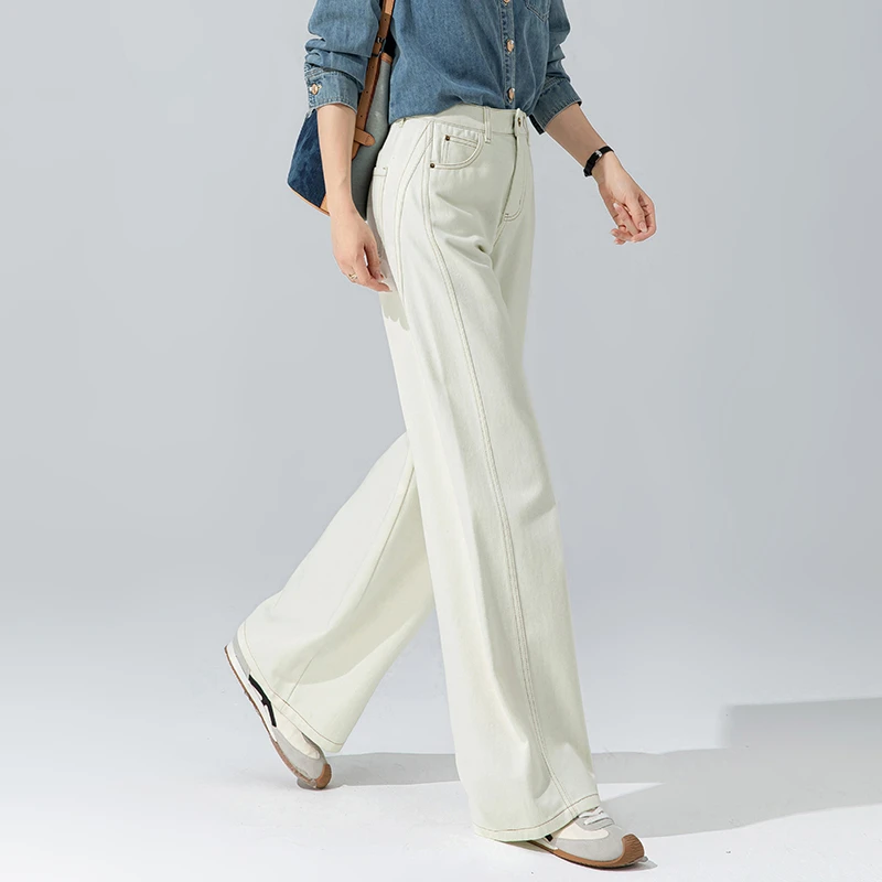 牛仔裤女2025秋季新款版型好看的阔腿裤米白色裤子宽松高腰直筒裤