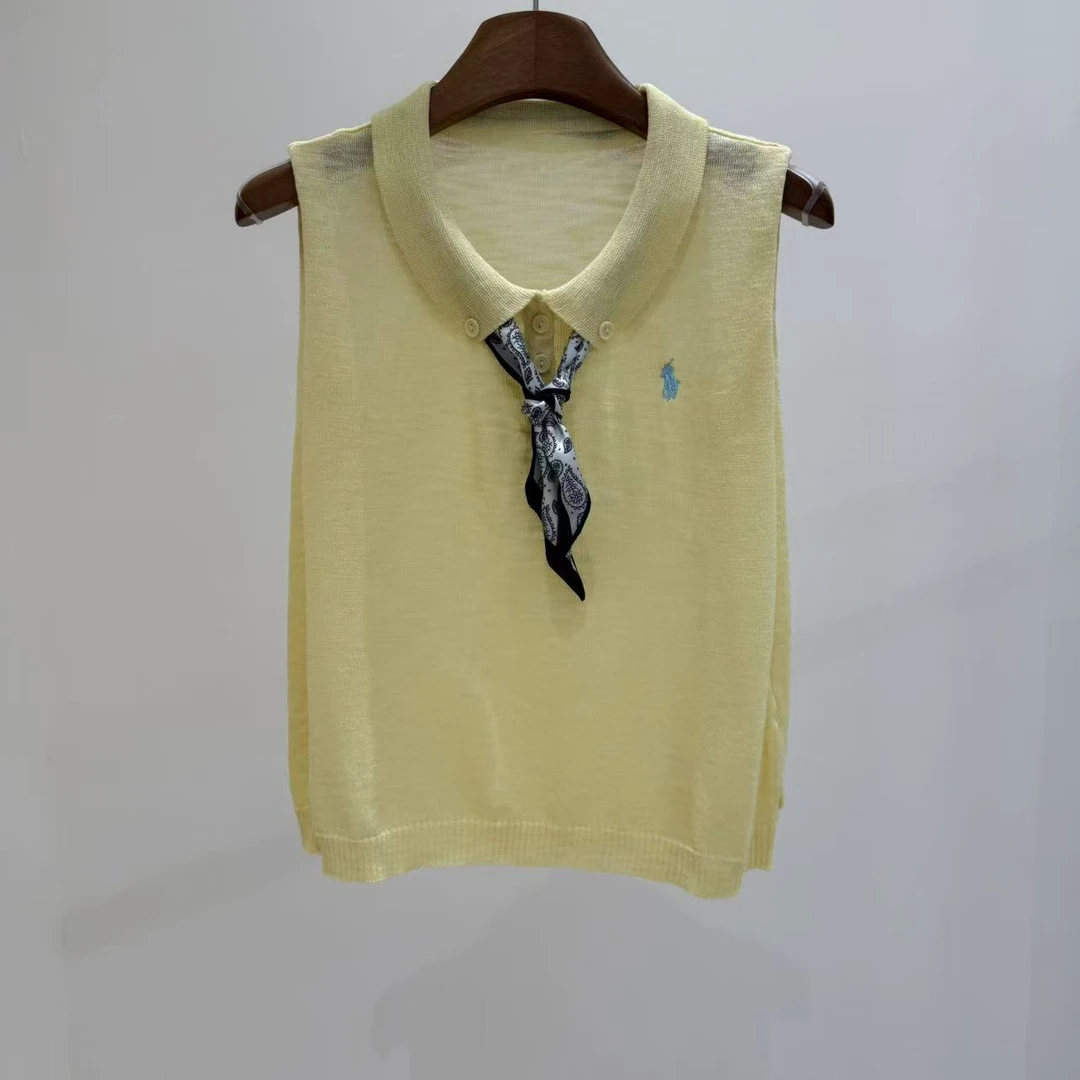 薄款刺绣无袖夏季时尚女翻领宽松潮流毛针织衫b082