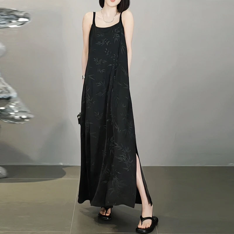 轻奢时尚高级感印花吊带长裙女夏季慵懒风宽松显瘦开叉裙子连衣裙