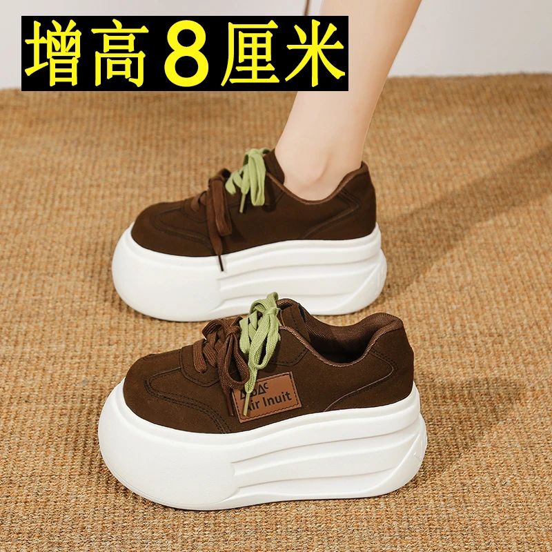 8CM厚底面包鞋女单鞋2025秋季新款小个子增高百搭松糕休闲运动鞋