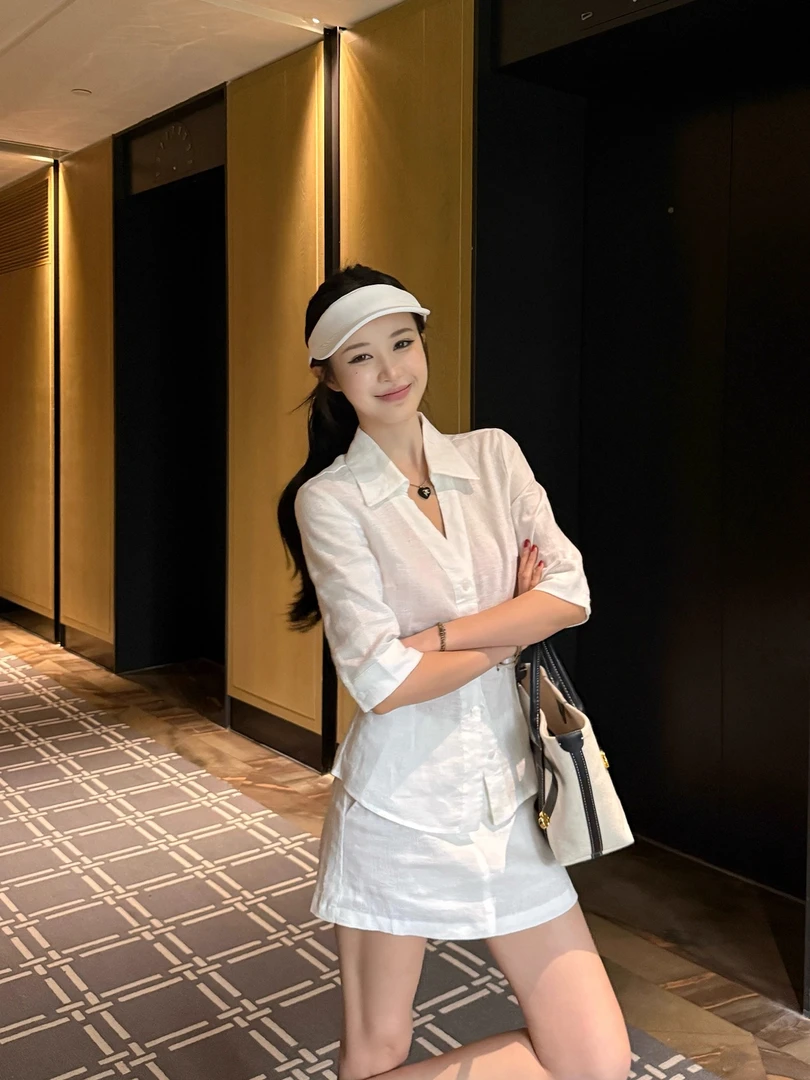 夏季老钱智性氧气感亚麻套装气质亚麻衬衫短裙 亚麻衬衫/短裙套组