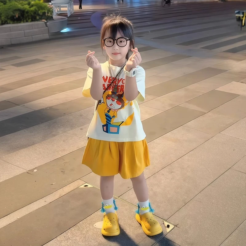 女童夏套装2025新款夏季印花T恤短袖短裤两件套女孩休闲运动服套