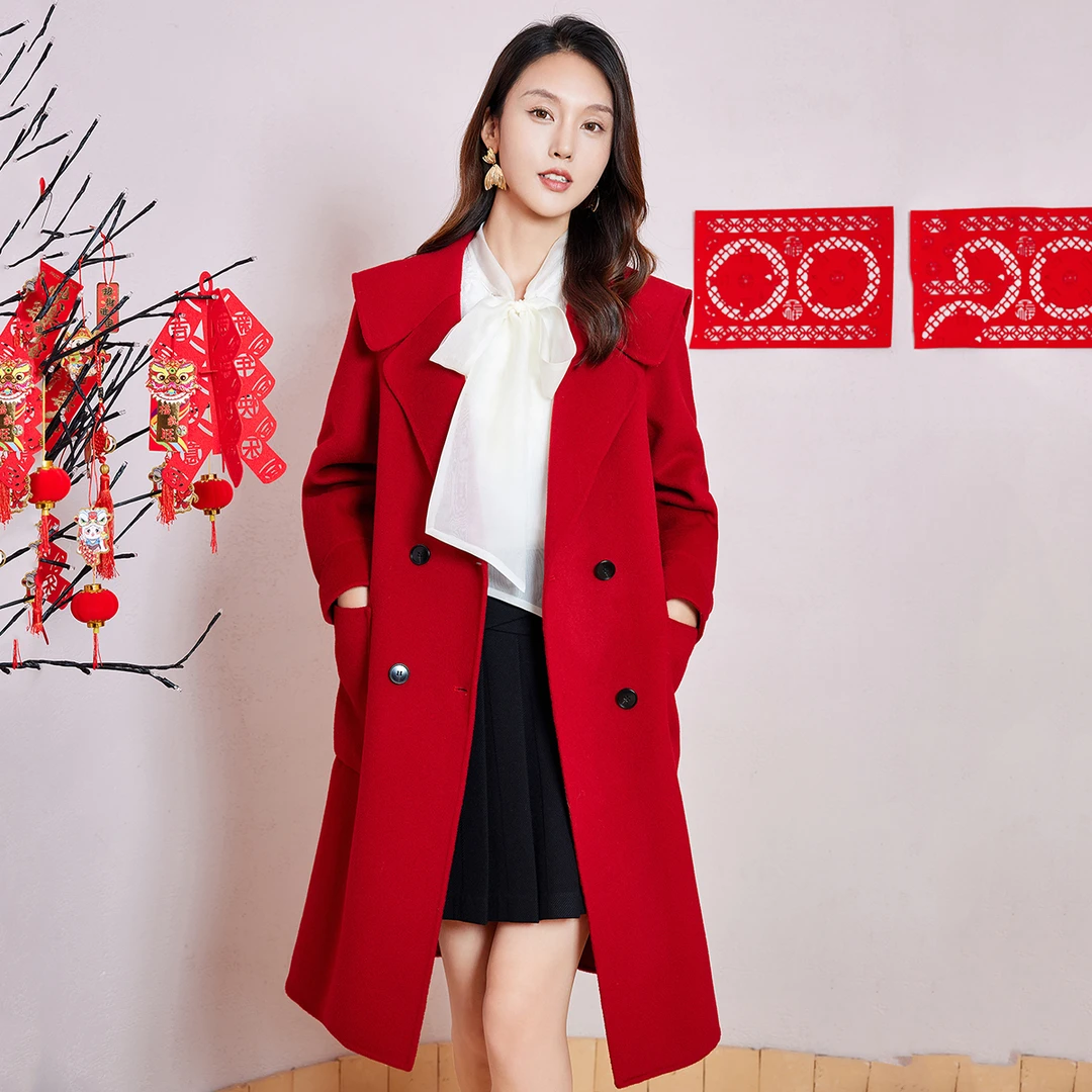双面纯绵羊毛呢外套女2024时尚中长款外套【53M388】