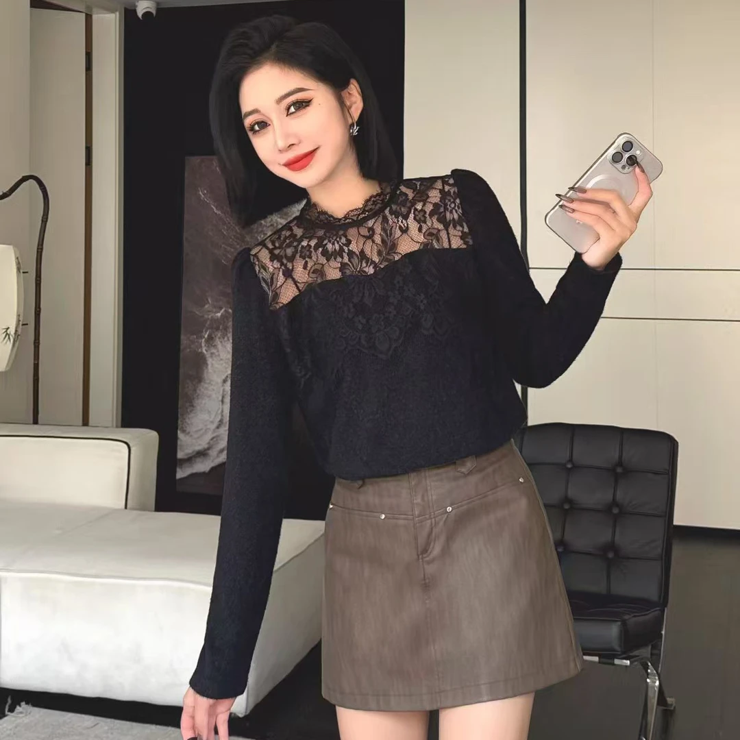 无印心匠纯色~镂空 蕾丝花边 设计感 时尚百搭小衫 A88829-1