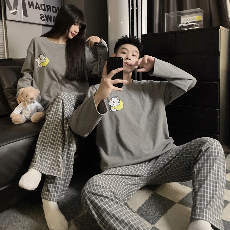网红线条狗睡衣女情侣款大码春秋冬季宽松保暖德绒家居服男款套装