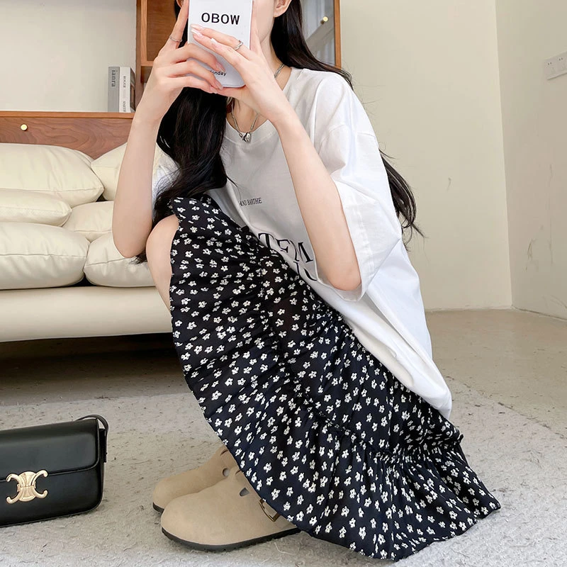 春秋显瘦半裙蛋糕碎花半身裙A字裙黑色短裙女2025新款高腰小个子