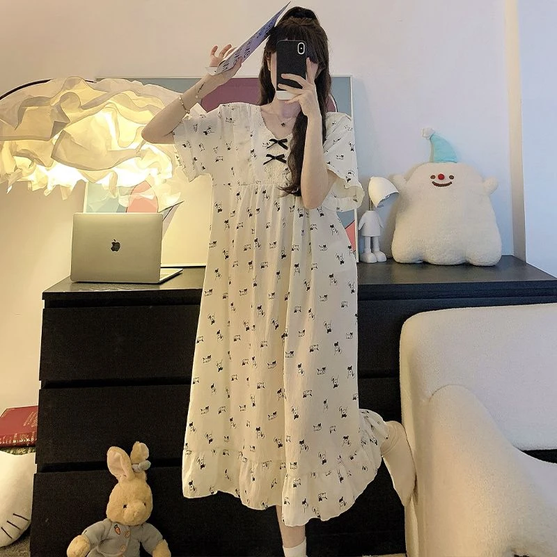 胖MM大码300斤睡衣女夏季薄款云朵棉甜美宽松长款睡裙公主连衣裙
