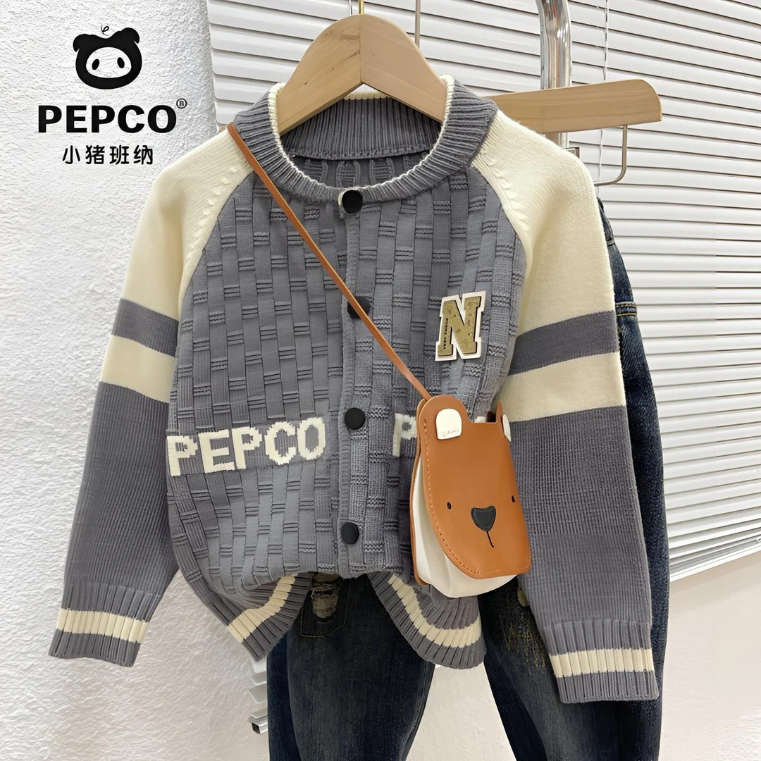 PEPCO/小猪班纳男童棒球服开衫外套2025春秋新款儿童暗扣针织毛衣