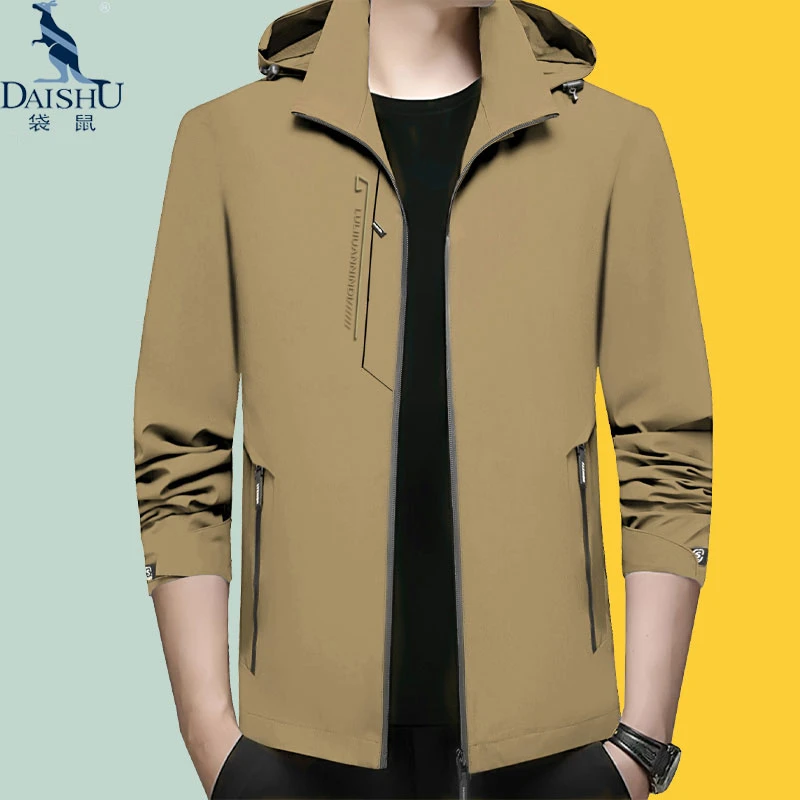 袋鼠春秋款商务休闲夹克男士外套脱卸帽薄款爸爸装高档上衣茄克杉