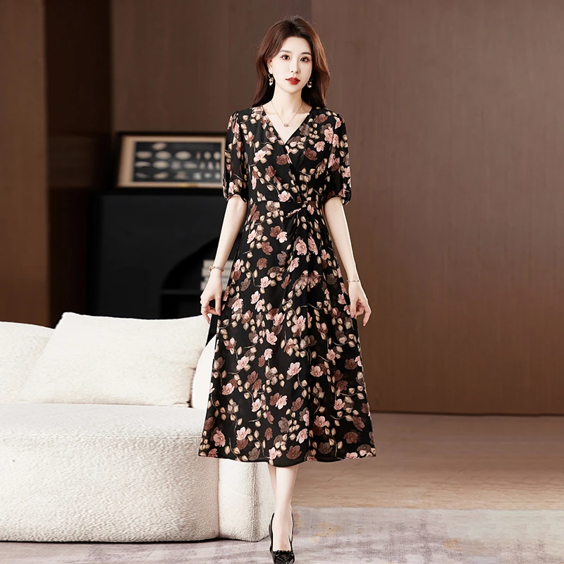 柏菲妮真丝桑蚕丝连衣裙女装2025年新款夏装高端气质时尚碎花裙子