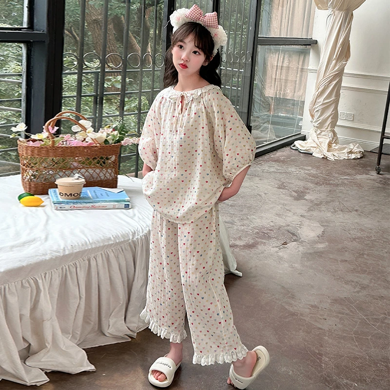女童睡衣套装夏季新款2025夏季初中生女孩薄款纯棉儿童家居服