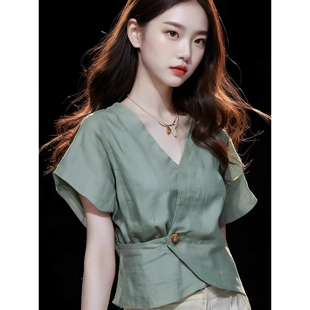 绿色短袖衬衫女新款夏季气质小衫收腰高级感独特别致雪纺女式上衣