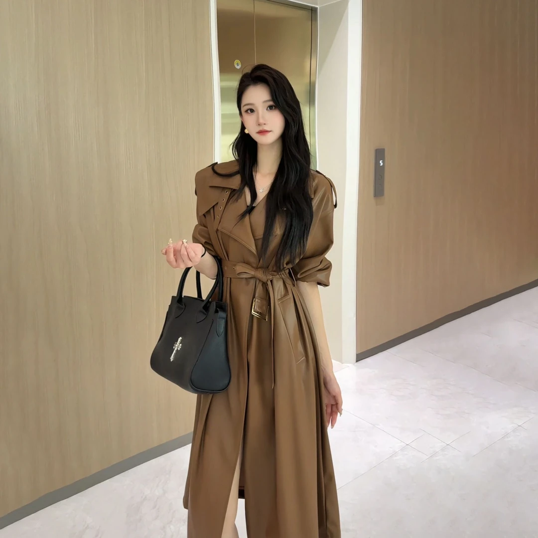 LOSA ROSA早秋新款美拉德轻奢长款皮衣外套女高级感气质时尚大衣