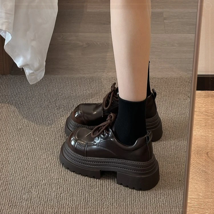 增高厚底大头小皮鞋女春秋2025冬季新款英伦风小个子系带乐福单鞋