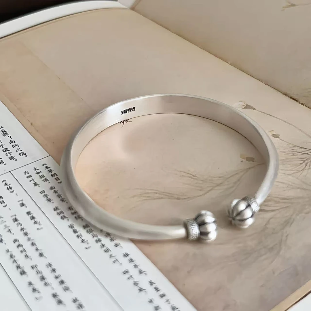 足银手镯 复古素南瓜开口银手镯-足银999.9实心经典手工银色素款